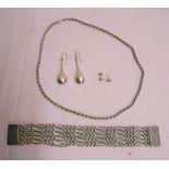 A silver rope twist necklace, a white metal bracelet, marked 925 drop ear-rings and pair of marked