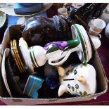 A box containing a quantity of collectable ceramics including four small Portuguese plates with