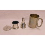 A silver christening mug - sold with a silver salt, pepperette and mustard pot lid