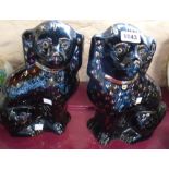 A pair of Staffordshire style black glazed pottery spaniels with gilt decoration