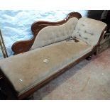 A 5' 10" late Victorian stained walnut framed chaise longue - for re-upholstery and casters missing