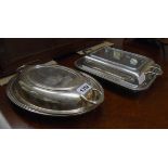 Two silver plated entree dishes, comprising one oblong and one oval