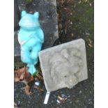 A concrete lion mask wall fountain font - sold with a figure of a seated frog