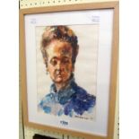 †R. O. Lenkiewicz: a bleached oak framed watercolour portrait of Brenda (mental patient) -