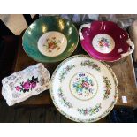 Four pieces of floral pattern china including a Minton footed bowl and Coalport