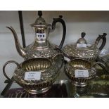 A four piece silver plated BM tea and coffee set of semi reeded design with embossed band of acorn