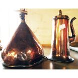 A copper wine strainer with brass spigot - sold with a copper side pouring chocolate pot with