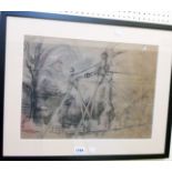 †R. O. Lenkiewicz: an ebonised framed charcoal drawing entitled "Swing" - info verso - studio