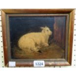 J. Emms (attributed): an oil on board depicting recumbent sheep in a barn - 5 3/4" X 7 1/2"