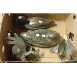 A pair of brass ducks - sold with a pair of silver plated cockerel table ornaments