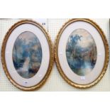 William Widgery: a pair of gilt framed oval watercolours, depicting views on the river Lyd - 17 1/4"