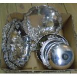 A pair of ornate silver plated entree dishes with detachable handles, muffin dish, salver and