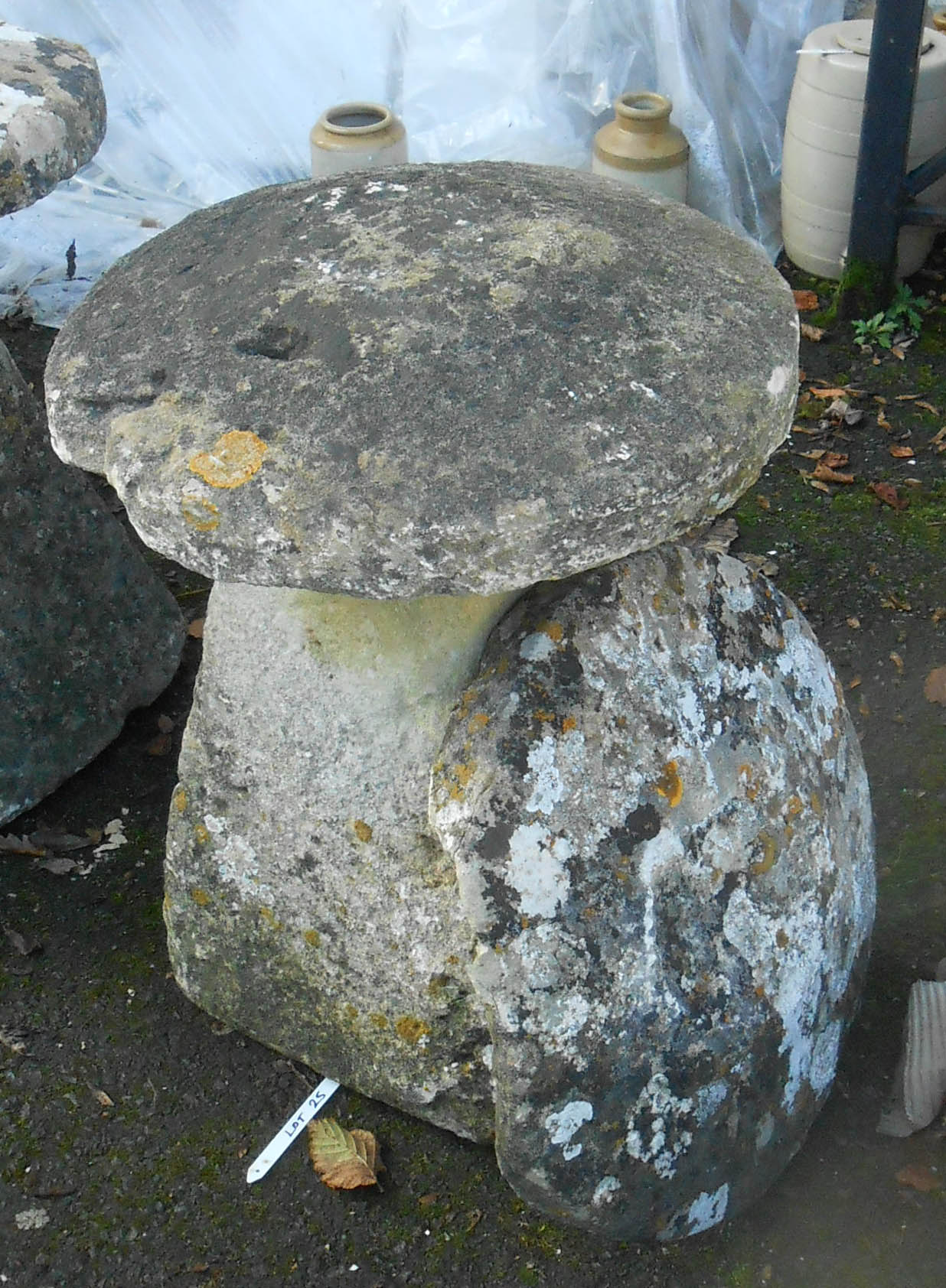 A Coltswold stone staddle and top