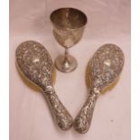 A Victorian silver goblet with later presentation text - sold with a pair of silver backed brushes