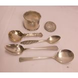 Four small silver spoons, including George Unite caddy spoon, a silver napkin ring and an 1887 crown