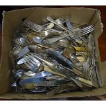 A box containing large quantity of assorted silver plated cutlery - various age and makers
