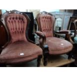 Two Edwardian walnut framed spoon back drawing room chairs with old rose coloured button back