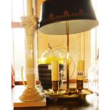 A bouillotte lamp, two column pattern lamps and another - sold with two glass bowls