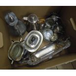 A box containing a WMF silver plated copper hot water jug, Britannia metal wine ewer, three piece