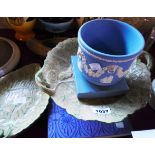 A leaf shaped tazza and two matching plates - sold with three pieces of Wedgwood Jasperware