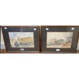 Mark Gibbons: a pair of framed hand tinted limited edition prints "Totnes Bridge" and "The Plains,