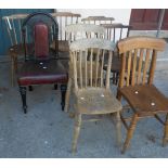 Three matching kitchen chairs with circular planked seats, set on ring turned supports, and a