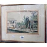 A gilt framed watercolour, depicting figures in a garden, indistinctly inscribed "au jardin" dated