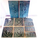 Ten Minton monochrome majolica relief tiles, comprising four hunting motifs, huntsman and jockey