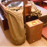 A British Army 9' X 9' tent, two camp beds and an ammunition tin