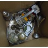 A box containing a quantity of silver plated items including pepper grinder, Art Deco nesting ash