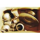 A box of pewter items including tazza, mugs, bowls, etc.