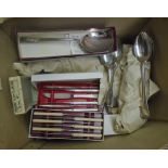 A box containing a quantity of boxed and loose matching Community Plate cutlery, fiddle pattern