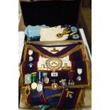 A Mason's leather case containing an apron and sash for Hants & Isle of Wight, various jewels