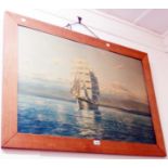 An oak framed coloured maritime print, depicting a three masted sailing vessel under full sail