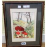 P. Ackary: a mixed media picture, depicting fly agaric mushrooms in woodland