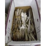 A box containing a quantity of silver plated cutlery including ornate fish knives and forks,