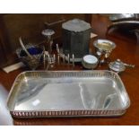 A 14 1/2" silver plated oblong gallery tray containing a small quantity of silver plated items