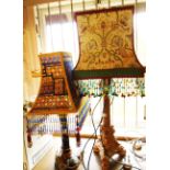 Two table lamps with elaborate fabric and beaded shades