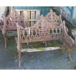 A 3' 10 1/2" 19th Century Coalbrookdale type Gothic pattern cast iron garden bench and pair of