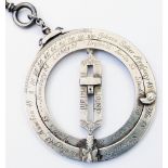 A German white metal Johan Somer ring sundial pendant on chain - copy of the 17th Century original