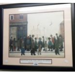 †L. S. Lowry: a framed coloured print, entitled "Waiting for the Shop to Open"