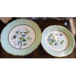 A ceramic comport and six plates with bird and branch decoration