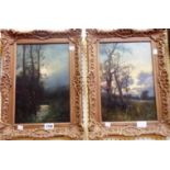 A pair of gilt framed oils on board, depicting moonlit rural scenes - indistinctly signed - 13 1/