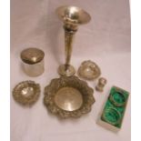 A small collection of silver items, comprising a trumpet vase, jar, two bonbon dishes, pepperette,