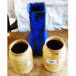 A pair of Watcombe pottery vases - sold with a square tapered blue splash vase