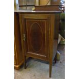 A 17" Edwardian inlaid mahogany bedside pot cupboard with moulded raised back and slender square