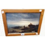 A gilt framed 19th Century oil on canvas depicting figures on and around a seashore - indistinctly