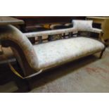 A 5' 9" Edwardian inlaid walnut part show frame chaise longue with chair back to curved end and