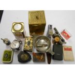 A quantity of collectable items including Mauchlin Ware match safe, brass clad tea caddy, opera