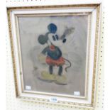 A framed watercolour cartoon study of Mickey Mouse, bearing inscription